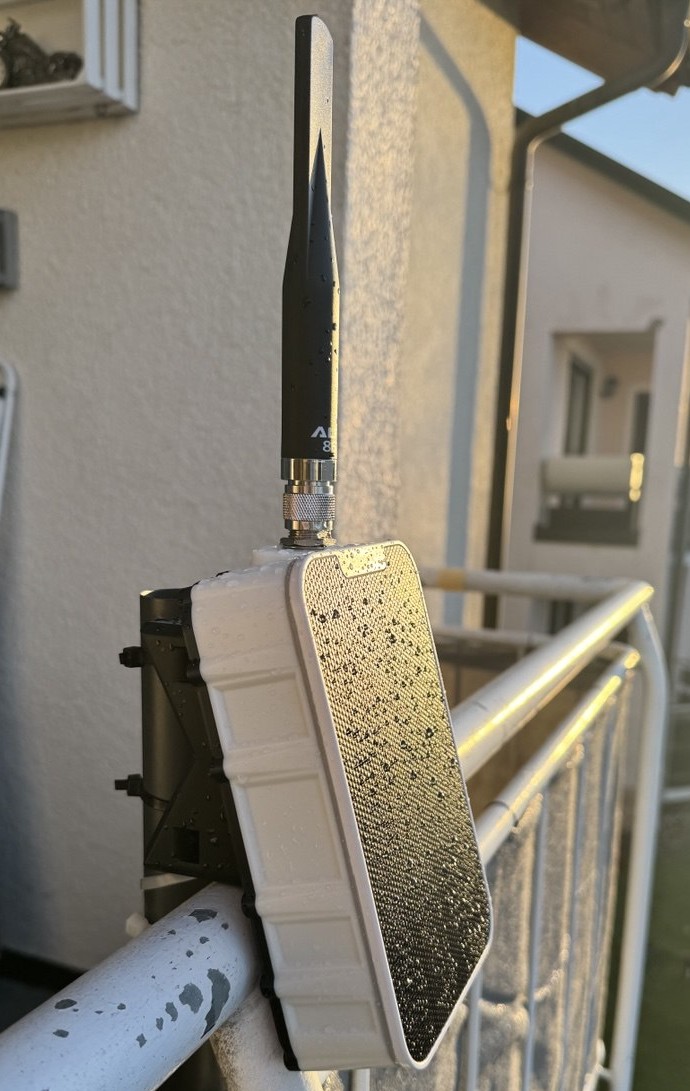 MESH-S node outdoors in sub-zero morning with condensation